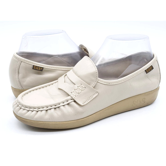 SAS Shoes Womens 8 N Beige Leather Moc Toe Penny Loafer Slip On Handsewn USA - Picture 1 of 11